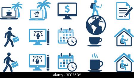 Remote work and business icons, blue and light blue, showing work from home and travel for digital nomads. Stock Vector