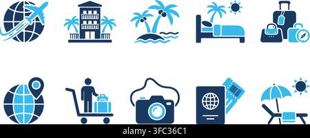 Set of blue and dark blue travel icons including airplane, hotel, beach, bed, luggage, and globe for vacation planning and trip elements. Stock Vector
