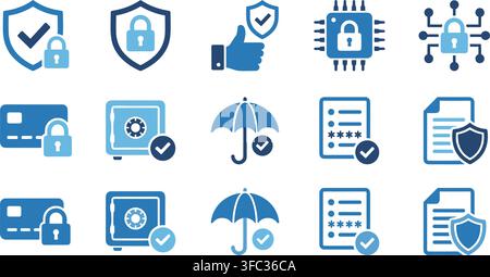 Security protection icons set blue digital elements shielding data privacy systems for online safe business operations. Stock Vector