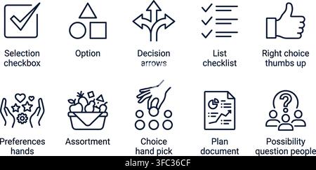 Selection checkbox, option, decision arrows, list checklist, and other choice related outline icons set. Stock Vector