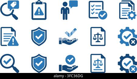 Set of blue flat business icons featuring magnifying glass gear and shield symbols for professional corporate usage. Stock Vector