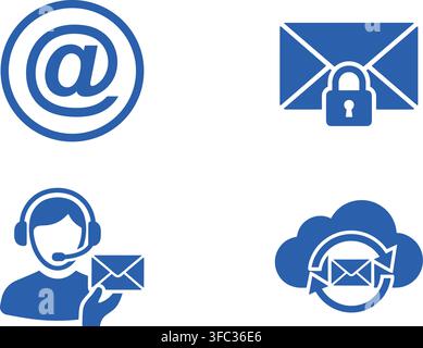 Set of blue email and communication icons including at sign envelope and customer support for business. Stock Vector