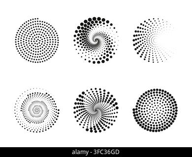 Abstract Halftone Dot Spiral Set of Circular Patterns for Graphic Design and Background Textures. Stock Vector