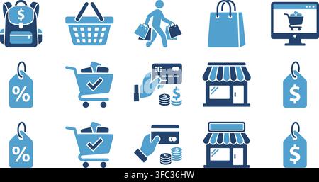 Retail shopping and commerce icon collection featuring blue vectors for e-commerce, market sales and store payments. Stock Vector