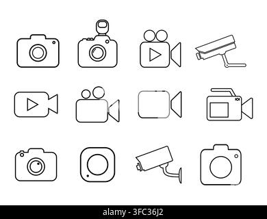Camera and Video Icon Set Line Art Collection for Photography, Video and Surveillance. Stock Vector