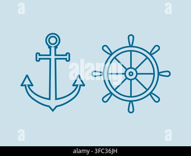 Nautical Anchor and Ship Wheel Line Icons on Light Blue Background for Maritime Design. Stock Vector