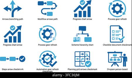 Set of blue and light blue workflow process chart and diagram management icons for business strategy. Stock Vector