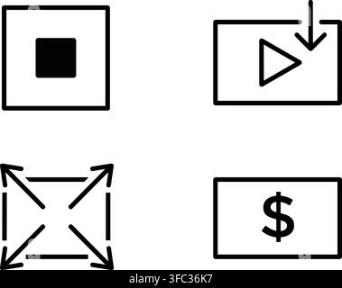 Set of black outline media control icons featuring playback stop buttons expand arrows and dollar currency symbols. Stock Vector