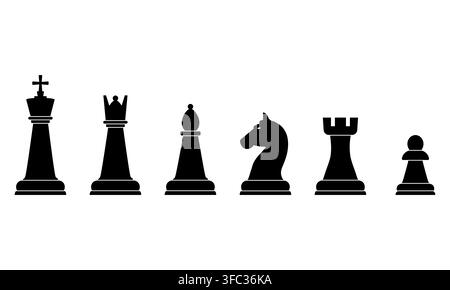 Black Chess Pieces Silhouette Set Showing King Queen Bishop Knight Rook and Pawn on White. Stock Vector