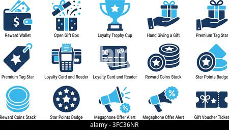 Set of blue loyalty and rewards icons featuring gift cards vouchers trophies coins and promotional marketing tools. Stock Vector