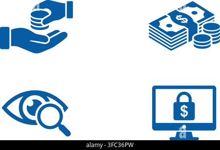 Set of blue business and finance icons including hands holding money, stacks of cash, eye with magnifying glass, and locked computer monitor. Stock Vector