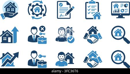 Set of blue and light blue real estate icons on transparent background for website and app design. Stock Vector