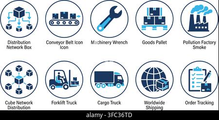 Set of blue isolated vector icons for logistics, shipping, distribution, and industrial concepts on transparent background. Stock Vector