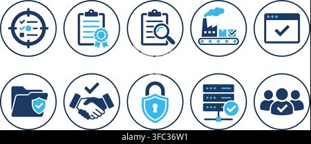 Set of blue corporate management and security icons showing checklists data servers handshake and protected documents. Stock Vector