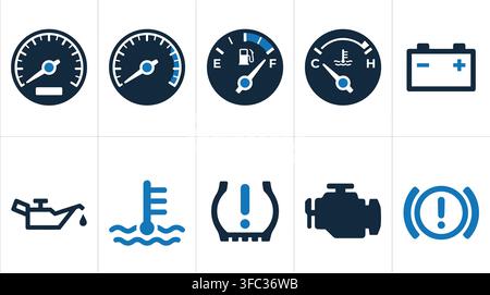Set of car dashboard gauge and warning light icons in dark blue and light blue with transparent background. Stock Vector