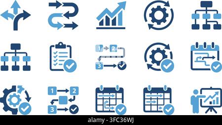 Set of blue and light blue workflow process chart and diagram management icons for business strategy. Stock Vector