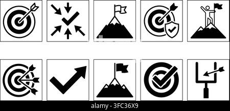Set of bold black target goal achievement icons displaying mountain peaks flags arrows and sports goal post designs. Stock Vector