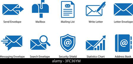 Set of blue icons for email communication including sending, mailbox, and statistics for business. Stock Vector