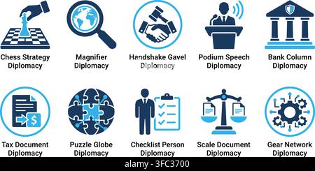 Set of blue isolated vector icons and text for various diplomacy concepts on transparent background. Stock Vector