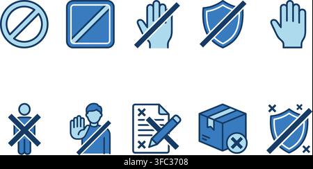 Set of blue stop and prohibition icons featuring hand signs forbidden actions and restricted product warning labels. Stock Vector