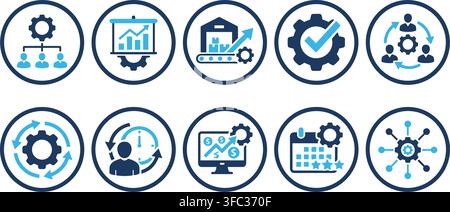 Set of business process icons in dark blue and light blue on transparent background for corporate use. Stock Vector