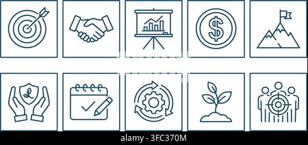 Set of business icons representing goals, partnership, strategy, finance, and success on a checkered background. Stock Vector