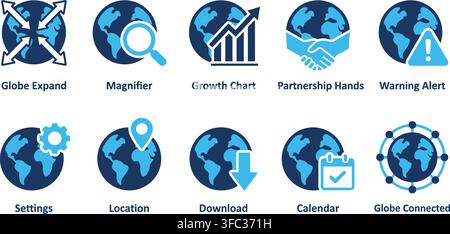Set of globe expand icons with magnifier, growth chart, partnership, warning alert, settings, location, download, calendar, and connected globe in blue color. Stock Vector