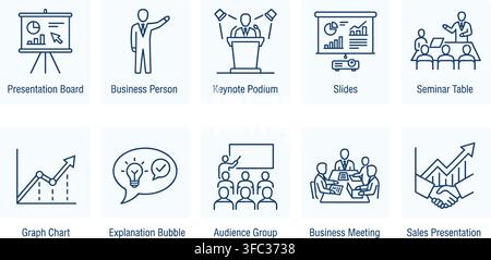 Set of dark blue outline business meeting and presentation icons for corporate communication. Stock Vector