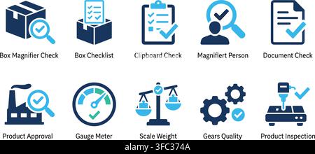 Set of industrial quality control icons featuring flat blue graphics for manufacturing logistics and supply management. Stock Vector