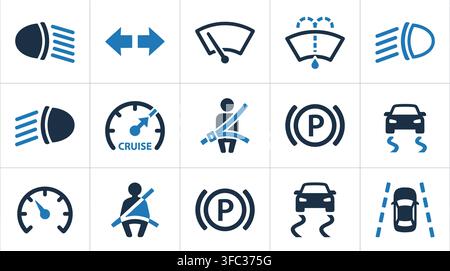 Set of car dashboard indicator light icons in dark blue and light blue with transparent background for automotive. Stock Vector