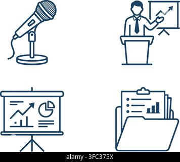 Set of dark blue business and presentation icons on transparent background for professional use. Stock Vector