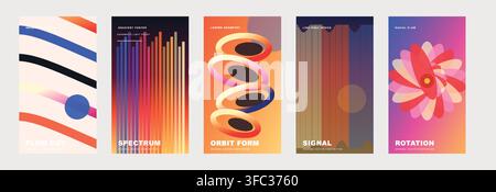 Set of five vibrant abstract gradient posters with colorful lines, shapes, and modern graphic elements. Stock Vector