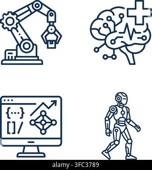 Set of outline technology icons including robotic arm, artificial intelligence brain, data analysis on computer, and humanoid robot. Stock Vector