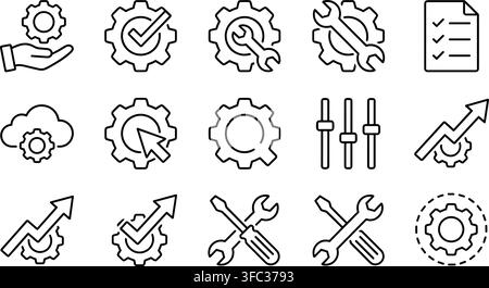 Set of line icons for settings and tools on transparent background, representing configuration and repair. Stock Vector