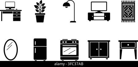 Set of minimalist black silhouette furniture icons for home interior design and decor. Stock Vector