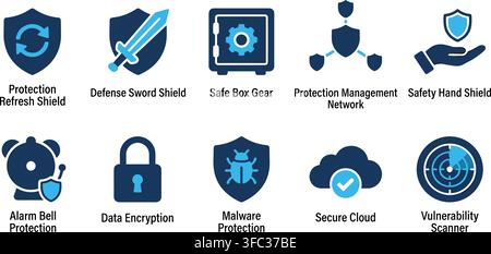 Set of nine blue and cyan cybersecurity vector icons for digital protection and network security applications. Stock Vector