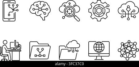 Set of isolated black outline vector icons representing AI, data, cloud, brain, and mobile computing on transparent. Stock Vector