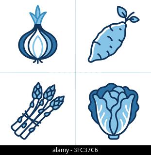 Set of organic vegetable icons blue line illustrations depicting fresh onion sweet potato asparagus and crisp cabbage. Stock Vector