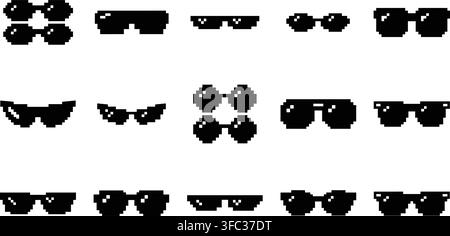 Set of various black pixelated sunglasses icons featuring diverse shapes for retro gaming style design application. Stock Vector