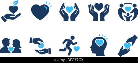 Set of vector illustrations for charity and care with icons of hearts in hands for donation support. Stock Vector