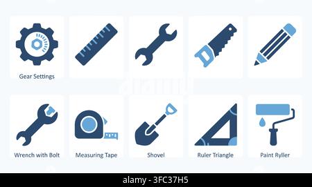 Set of tools and construction icons with labels on transparent background, showing equipment for building. Stock Vector