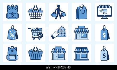 Shopping retail vector icons set blue colors backpack basket person shopper gift bag computer store sales labels. Stock Vector