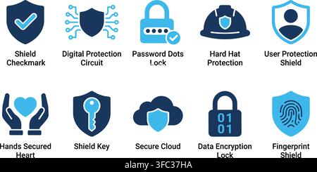 Shield icons set featuring blue digital protection elements for secure data management and cybersecurity projects use. Stock Vector