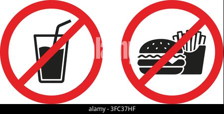Set of two red circular no food and drink signs in black with transparent background for prohibition. Stock Vector