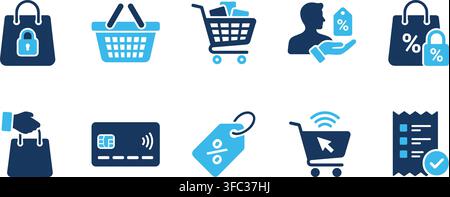 Shopping and payment method icons vector graphic illustrates various e-commerce concepts including security and discounts. Stock Vector