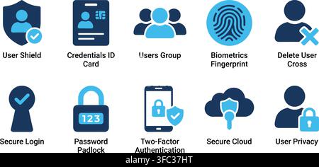 Set of user account and profile security flat icons featuring blue shield and padlock elements for web interface. Stock Vector
