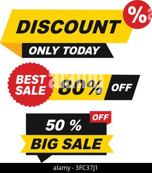Set of yellow and red discount, sale, and offer banners with percentage signs on transparent background. Stock Vector