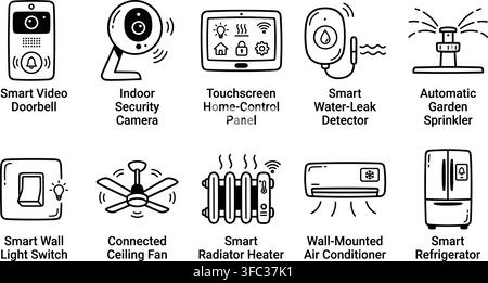 Smart home devices black outline icon vector set for various automated household systems and appliances. Stock Vector