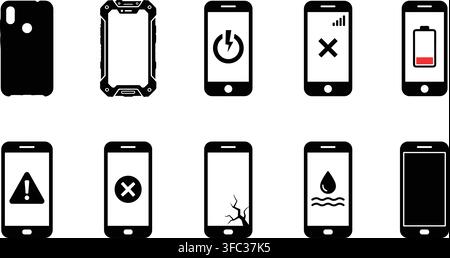 Smartphone repair solid black silhouette vector icons representing common mobile phone problems and accessories. Stock Vector