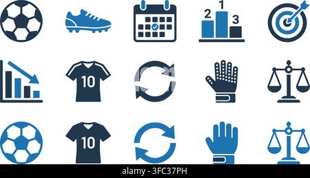 Soccer sports equipment icon collection with blue football jersey and goal target symbols for tournament branding. Stock Vector